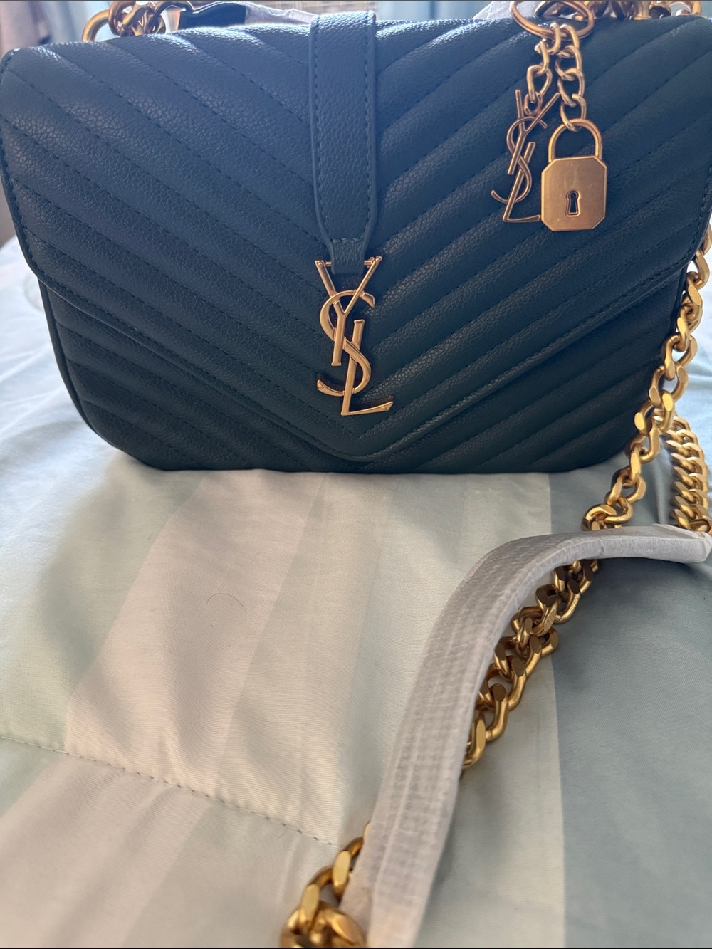 Saint Laurent Chevron Quilted Shoulder Bag in Teal with Gold Hardware
